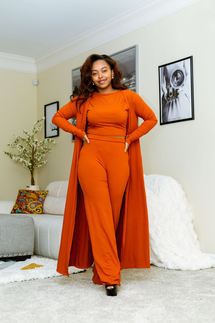 Three Piece Crop Top Pant and Jacket Set (ORANGE)