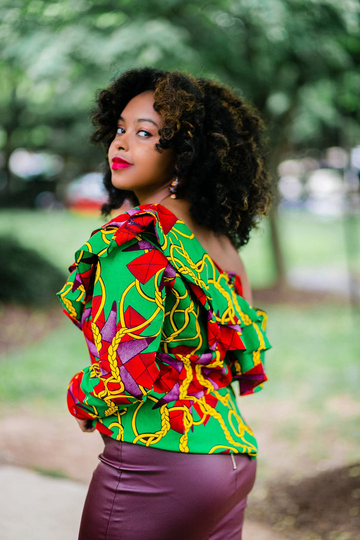 African Print Kiki Ruffle Blouse-Green