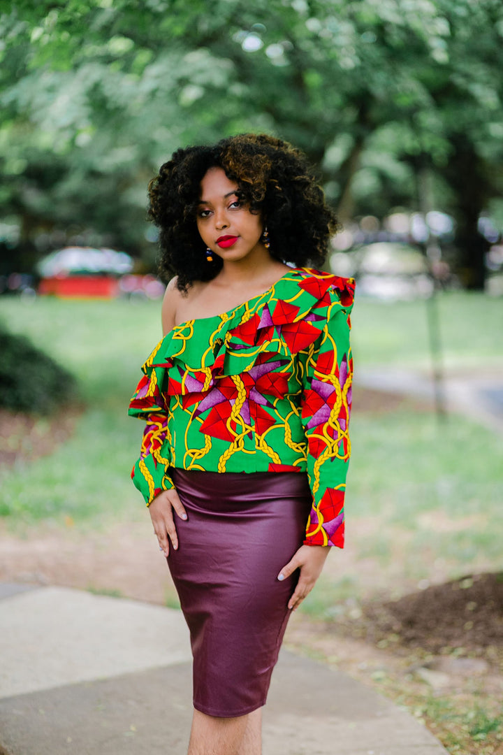 African Print Kiki Ruffle Blouse-Green