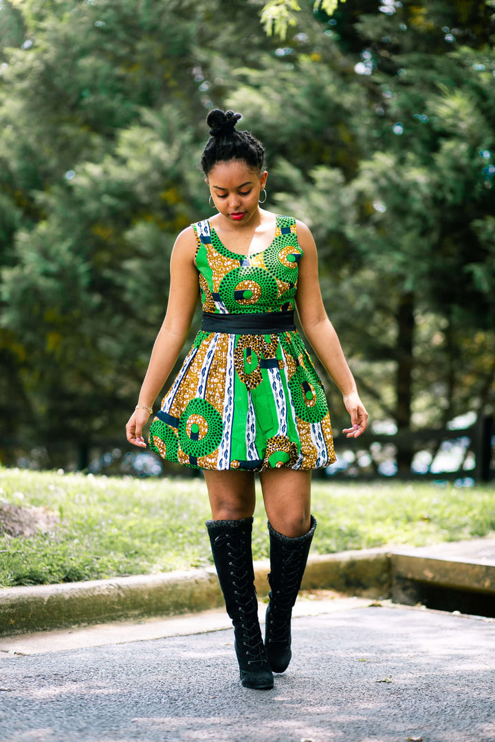 African Print Green Cupcake Bubble Dress