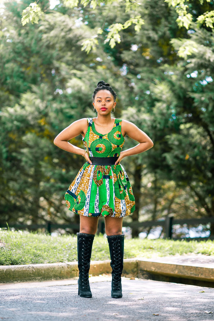 African Print Green Cupcake Bubble Dress