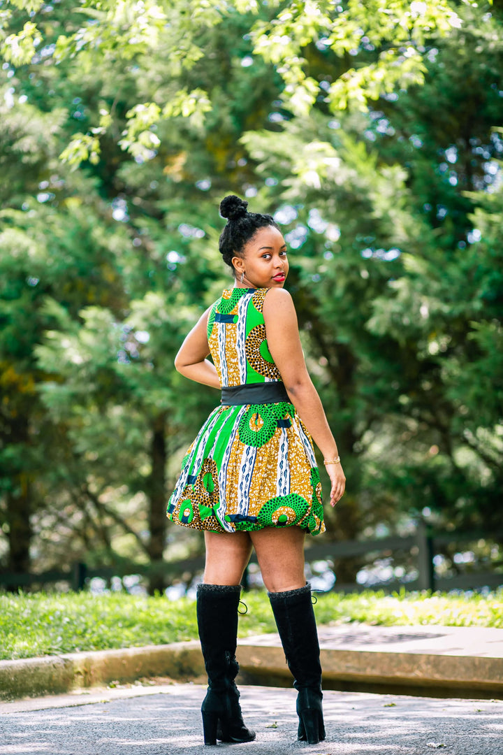 African Print Green Cupcake Bubble Dress