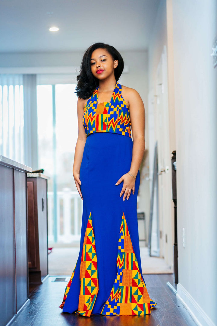 African Print Kente Prom Dress-Blue