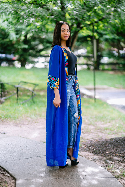 African Print Long Blouse Duster (Blue)