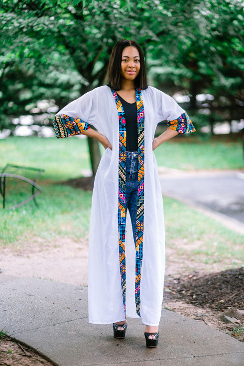 African Print Long Blouse Duster (White)